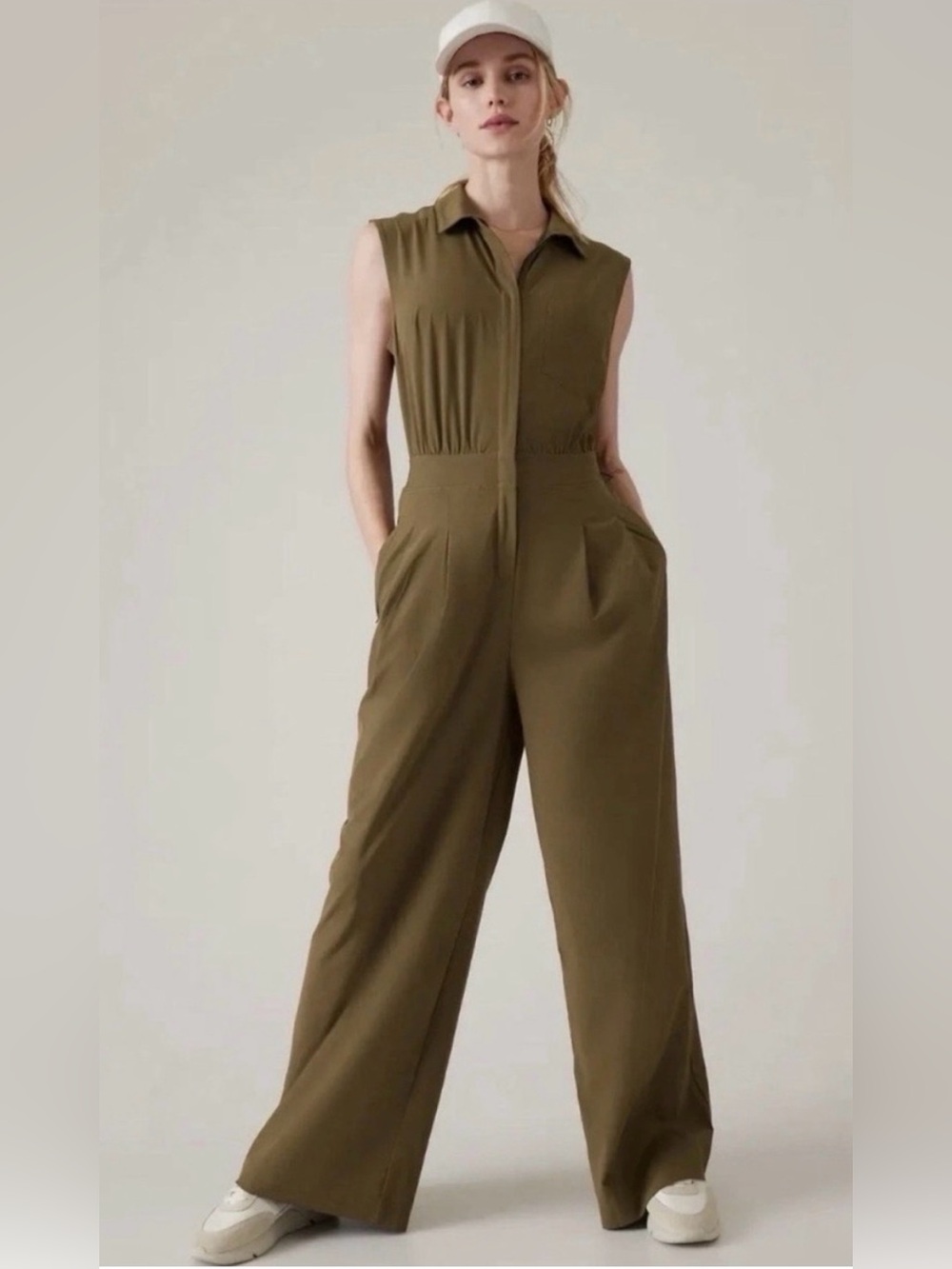 Athleta Olive Green Sleeveless Collared Jumpsuit
